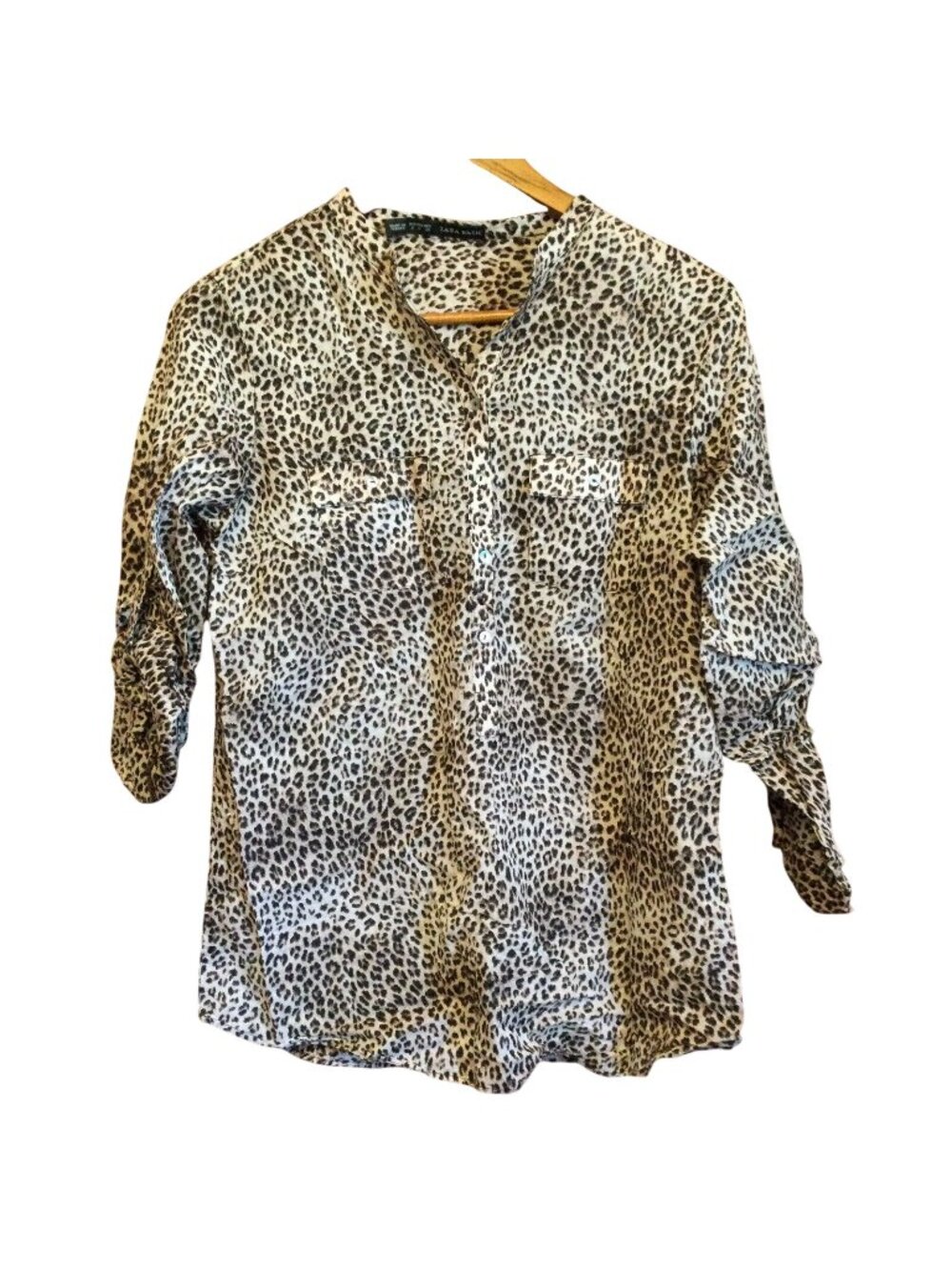 Zara Brown Black Cheetah Print Blouse Top Size S Button Front Lightweight